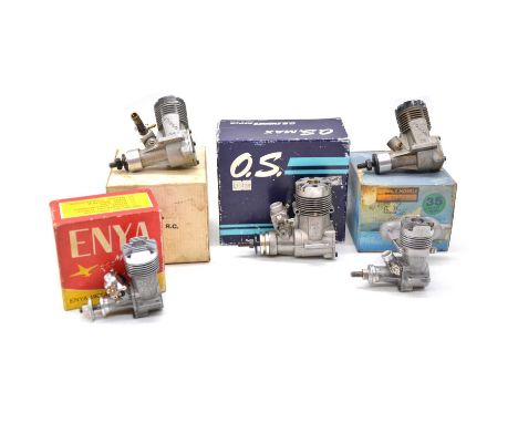 Five glow aero model aircraft engine, including OS Max 40 SF, boxed; Enya 19 R/C (x2), one boxed; Merco 35 (x2), boxed.Condit