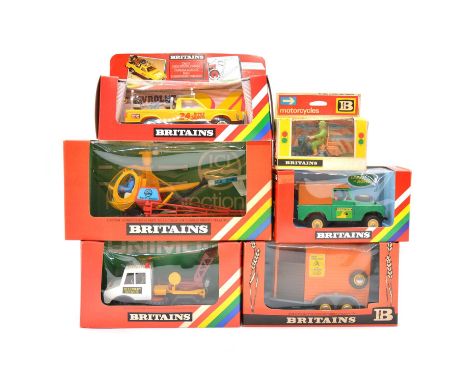 Britains Farm toy models, six including ref 9511 helicopter crop spray; ref 9572 Land Rover; ref 9562 double horse box; ref 9