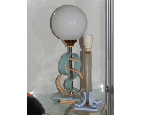 A 1950s Lennox Carter pale blue and peach Bakelite tale lamp, with opaque glass shade, H. 38cm, together with a similar small