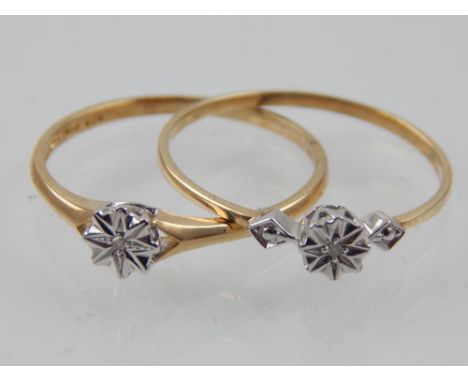 A 9ct yellow gold single stone diamond ring, together with a similar three stone flower head ring. (2)