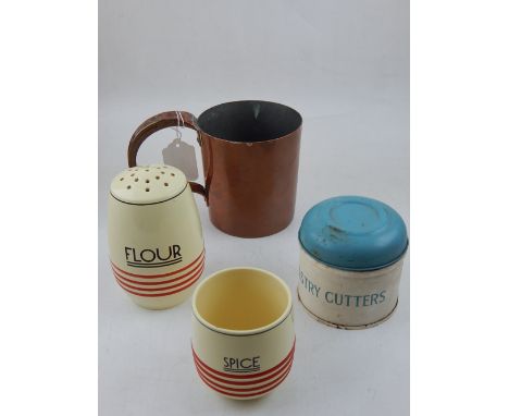 A Minton ceramic flour shaker and matching spice jar, circa 1950, together with a set of tin pastry cutters, and a Victorian 