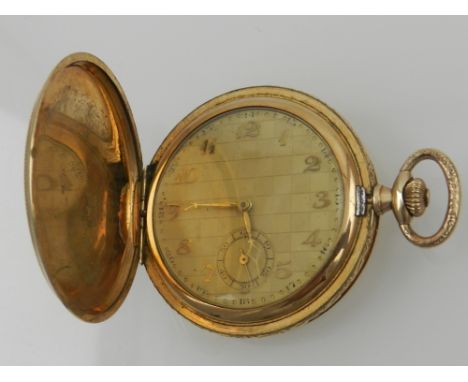 An Art Deco gold plated dress hunter keyless wind pocket watch, the engine turned case enclosing a chequer champagne dial wit