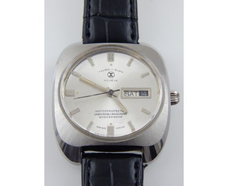 A 1970s gentleman's stainless steel Favre-Leuba wristwatch, unbreakable mainspring, the silvered dial with baton markers, day