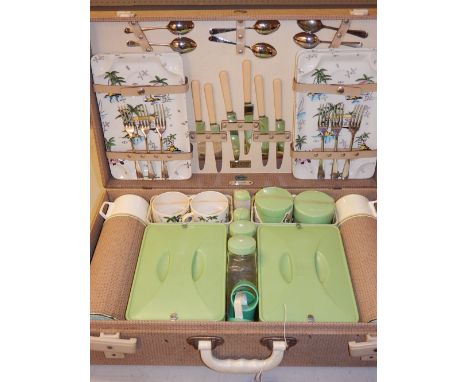 A Brexton picnic hamper, circa 1950, with Royal Tudor ware South Pacific pattern, ceramic cups and dishes, retailed by Harrod