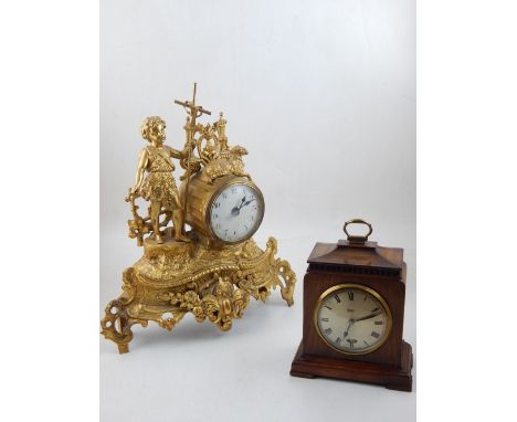 A 19th century style French gilt metal mantel clock, together with a wooden mantel clock.
