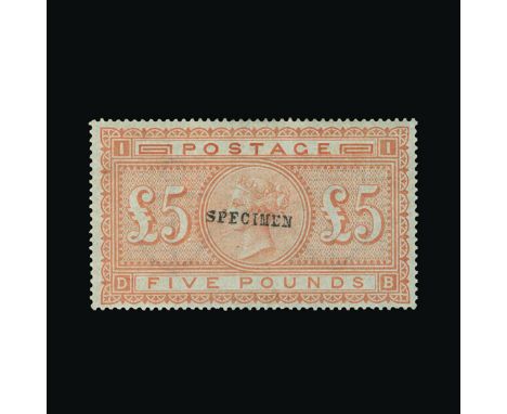 Great Britain - QV (surface printed) : (SG 133s) 1867-83 blued paper £5 orange, DB, ovptd. SPECIMEN Type 9, well centred, cou