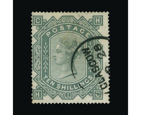 Great Britain - QV (surface printed) : (SG 128) 1867-83 wmk Cross 10s greenish grey, HC, centred to left, neat partial GLASGO