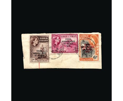 Ghana : (SG SG177a) Small piece bearing 2d, 3d and 6d individually cancelled BEREKUM 11 JY 59 (Red overprint type.30) MAJOR E