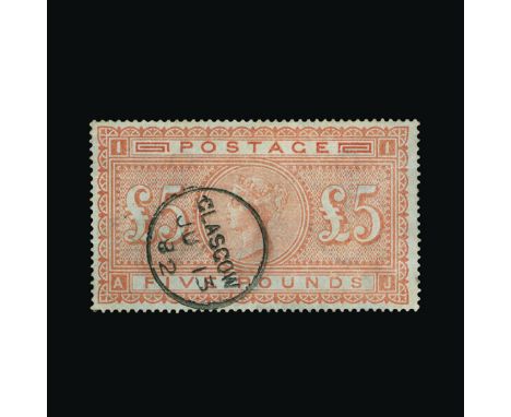 Great Britain - QV (surface printed) : (SG 133) 1867-83 blued paper £5 orange, AJ, centred slightly to left, neat GLASGOW cds