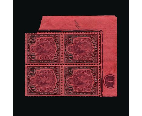 Leeward Islands : (SG 114a,114ae) 1938-51 £1 purple and black/carmine lower right corner block of four, R5/12 with broken low