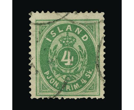 Iceland : (SG O9) 1873 Official perf 14 x 13½ 4sk green, centred to bottom, fresh, light partial cds cancels, some short/miss