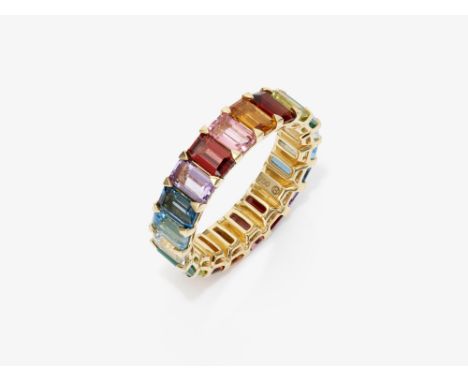 Memoryring verziert mit vielfarbigen FarbedelsteinenDeutschlandGelbgold 750/-, gestempelt mit Juwelier Punze. 20 vielfarbige 