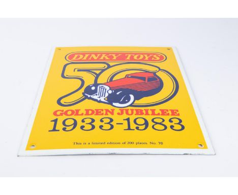 A Limited Edition enamelled sign/plate 'Dinky Toys 50 years Golden Jubilee 1933-1984. Plate No.70 of 200 produced. Finished i
