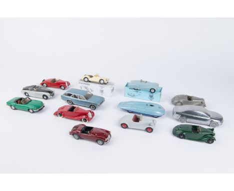 13 various makes of limited run models. 6x SEAR Models, Triumph TR1 in cream. Plus a TR2 'Jabbeke' racer in light blue, boxed