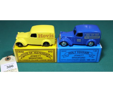 2 ODGI white metal toys. Both Jowett Bradford Vans. One in Hovis Bread yellow livery with black wheels. The other in Holt Toy