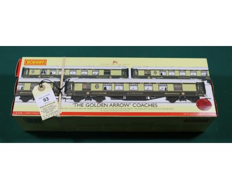 A Hornby 'OO' gauge Coach Pack (R4196). 'The Golden Arrow' Coaches. Comprising Kitchen Car 'Adrian', Parlour Car 'Onyx' and K