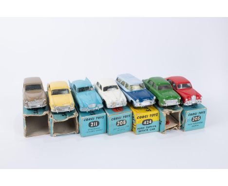 7x Corgi Toys cars. Riley Pathfinder in red (205). Hillman Husky in fawn (206). Ford Consul in green (200M). Vauxhall Velox i