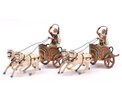 A pair of Johillco Roman Chariots. Chariots for Chariot races, each with 2 white horses with colourful detailed gold painted 