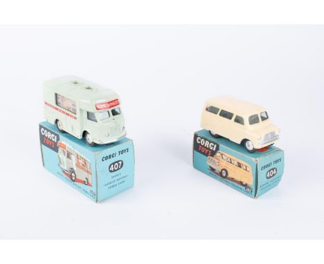 2x Corgi Toys. Smith's Karrier Bantam Mobile Shop with very pale blue-green body (407). Bedford Dormobile Personnel Carrier i