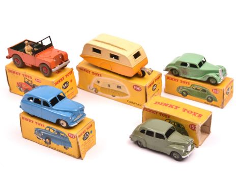 5x Dinky Toys. Austin Devon (152) in grey-green. Standard Vanguard (153) in blue with cream wheels. Riley (158) in light gree