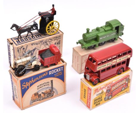 4 Models of British manufacture, to include Morestone series Hansom Cab in black with yellow wheels, red driver and grey hors