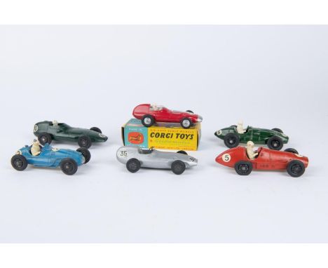 6 various single seat racing cars. Corgi Toys Vanwall F1 GP (150S) in bright red, RN25, complete with driver and boxed. Plus 