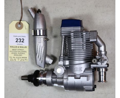 O.S. four stroke model aircraft engine for radio controlled aircraft. Model No. FS 81/34810, with silencer. Made in Japan 200