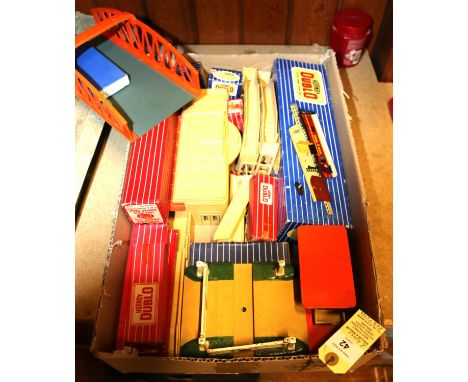 A quantity of Hornby Dublo lineside items and accessories. Including a pre-war (dated 1938) D1 (D407) Art Deco style wooden M