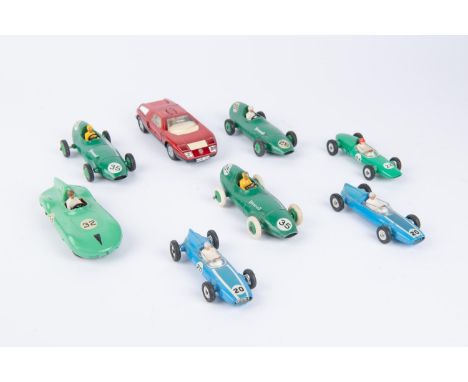 8 Dinky Toys. 2x Cooper Racing Cars (240) in blue with spun wheels RN 20. Lotus Racing Car (241) in green with spun wheels RN