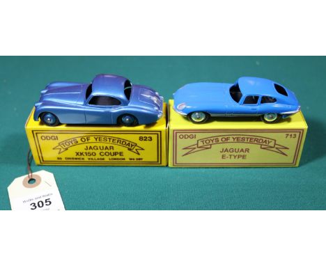 2 ODGI white metal toys. A Jaguar XK150 Coupe in metallic light blue with blue wheels and a Jaguar E-Type in mid-blue with ch