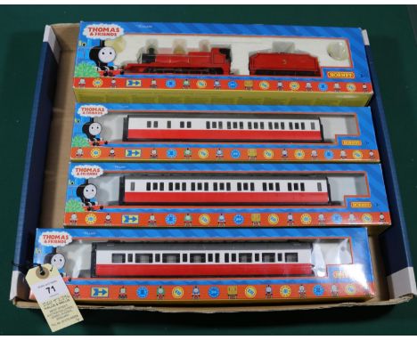 4x Hornby OO gauge Thomas the Tank Engine &amp; Friends series items. James the Red Engine (R852). Together with 3x James' co