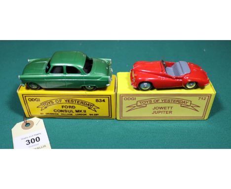 2 ODGI white metal toys. Ford Consul MkII in metallic green with metallic green wheels. Together with a Jowett Jupiter in bri