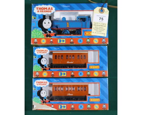 3x Hornby OO gauge Thomas the Tank Engine &amp; Friends series items. Thomas with coaches Annie and Clarabel. All boxed, some