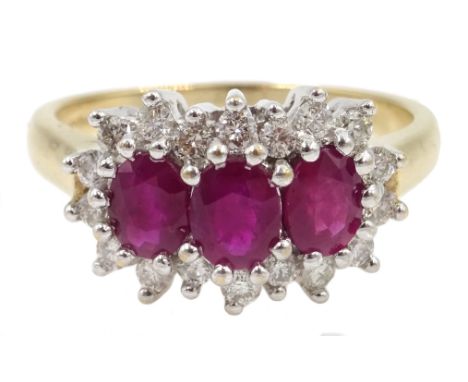 9ct gold ruby and diamond cluster ring, three oval rubies with diamond surround Condition Report Approx 5.1gm, size R-S, head