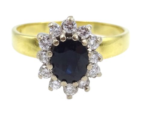 18ct gold sapphire and diamond cluster ring, hallmarked Condition Report Approx 5.41gm, size Q-R, head size = 13mm x 10mm Cli