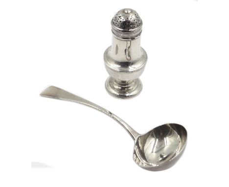 George III silver pepper caster, London 1764 and silver ladle by John, Henry & Charles Lias  London 1827, approx 3.6oz Condit