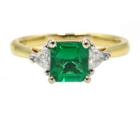 18ct white gold emerald cut emerald and trillion cut diamond three stone ring, hallmarked, emerald approx 0.8 carat Condition