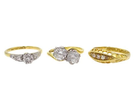 18ct gold five stone diamond ring, Birmingham 1912, gold diamond ring and a gold two stone cross over ring, both stamped 18ct