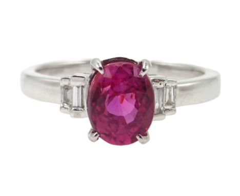 18ct white gold oval pink sapphire ring with baguette diamond shoulders, pink sapphire approx 1.5 carat  Condition Report Cli