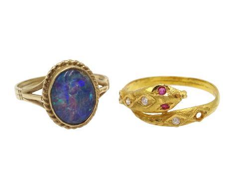 18ct gold (tested) stone set serpent ring and a 9ct gold oval opal doublet ring, hallmarked Condition Report 18ct gold approx