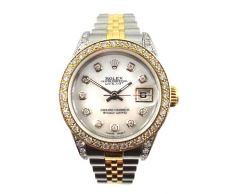 Rolex Oyster Perpetual Datejust chronometer ladies bi-metal wristwatch with mother of pearl dial, diamond hour markers, bezel