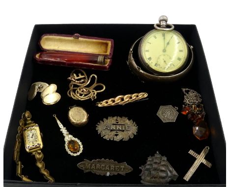 Silver 'Terminus' pocket watch, 9ct gold bar brooch, 9ct gold and enamel cased wristwatch on plated bracelet, 9ct scrap gold,