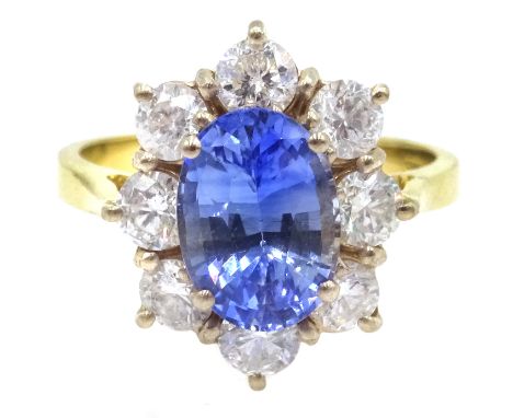 18ct gold oval sapphire and round brilliant cut diamond ring, hallmarked, sapphire approx 2.4 carat