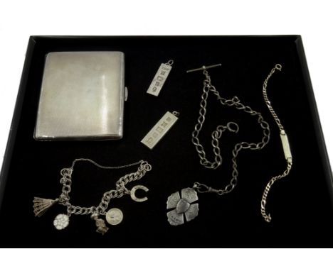 Silver cigarette case, silver watch chain and medal, ingots, bracelets etc all hallmarked approx 7.9oz Condition Report Click