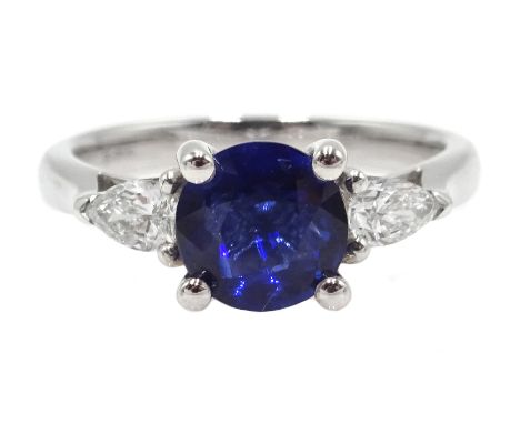 18ct white gold round sapphire and pear shaped diamond ring, hallmarked, sapphire 1.5 carat Condition Report Click here for f