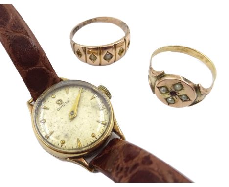 Two Victorian 9ct rose gold split seed pearl rings, stamped or tested and Omega 9ct gold ladies manual wind wristwatch No.341