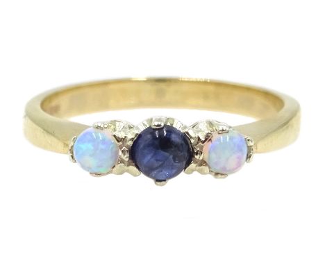 9ct gold cabochon sapphire and opal three stone ring hallmarked Condition Report size N-O, approx 2.5gmClick here for further