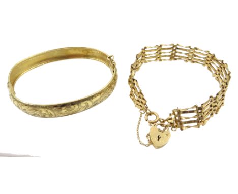 9ct gold hinged bangle, engraved decoration stamped 375 and a gold five bar link bracelet hallmarked 9ct, approx 13.57gm  Con