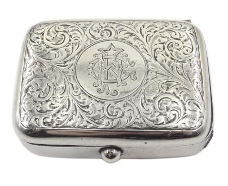 George V silver rectangular vesta/snuff box, engraved decoration and push button lid by W H Haseler Ltd, Birmingham 1921 Cond