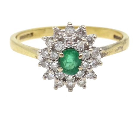 18ct gold diamond and emerald cluster ring, hallmarked Condition Report Approx 3gm, size O-P, head size = 10mm x 10mmClick he